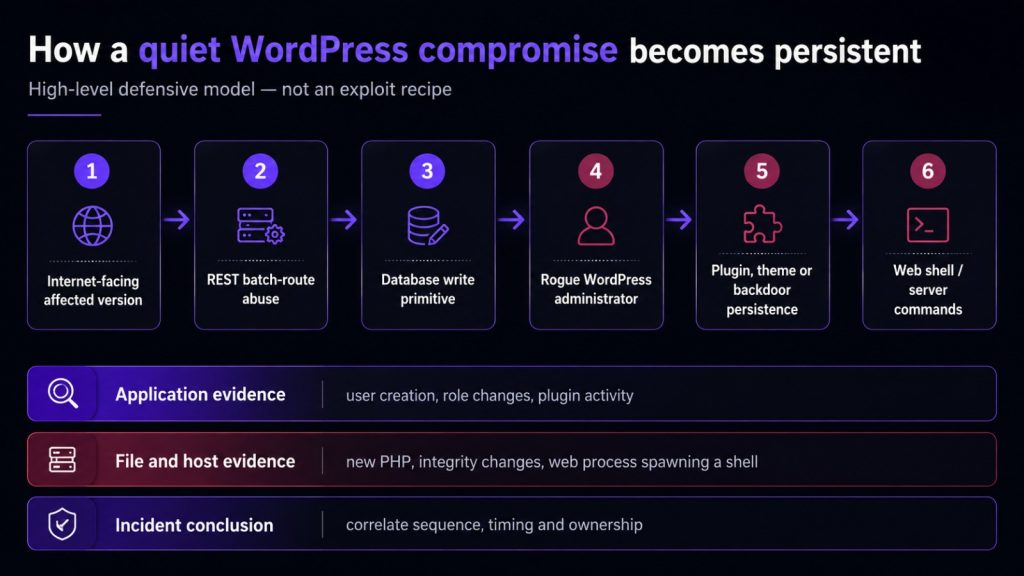 wp2shell WordPress attack chain from vulnerable Core to rogue administrator, hidden backdoor and command execution