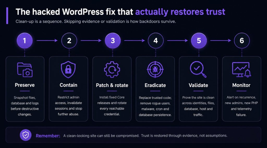 hacked WordPress fix and backdoor removal incident response timeline